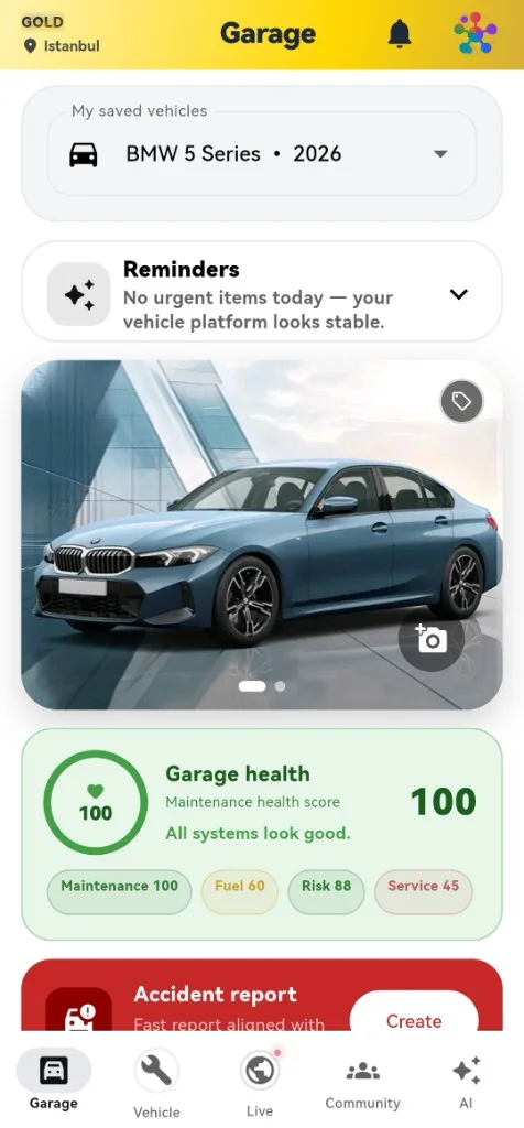 لقطة شاشة من SuperGarage: درجة صحة المركبة والتذكيرات في لوحة معلومات المرآب.