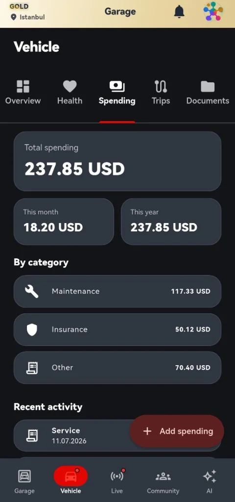 لقطة شاشة من SuperGarage: الإنفاق حسب الفئة، داخل ترويسة الغلاف المشترك مع الخطة والموقع.
